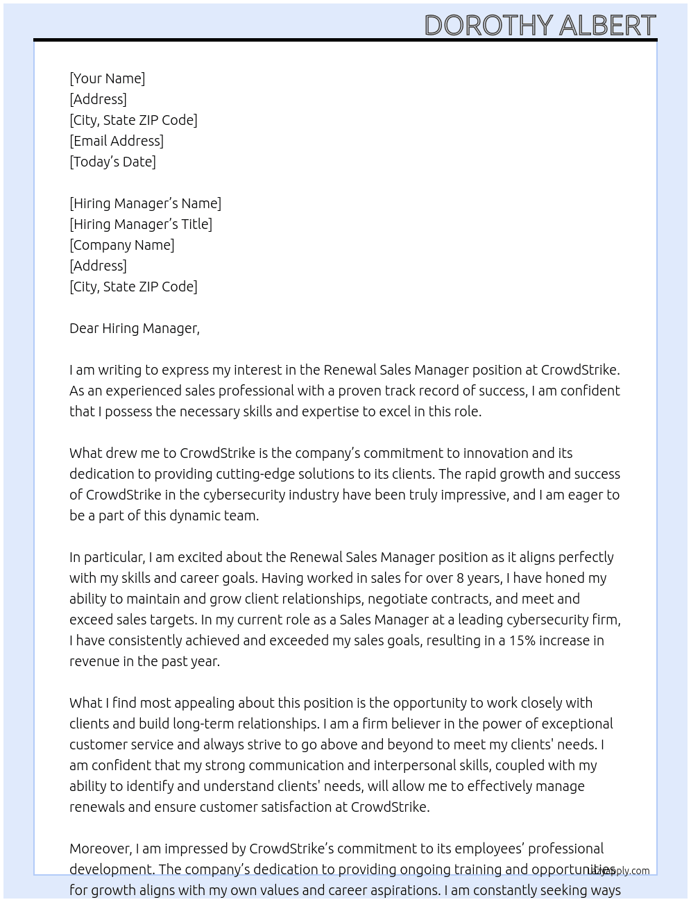 Renewal Sales Manager At CrowdStrike Cover Letter