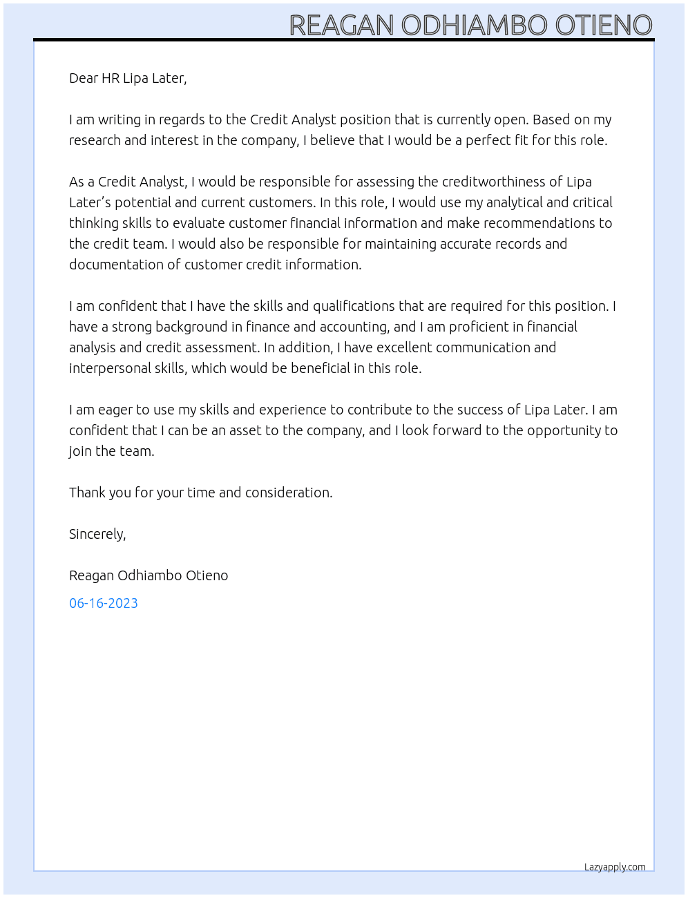 Credit analyst At Lipa later Cover Letter