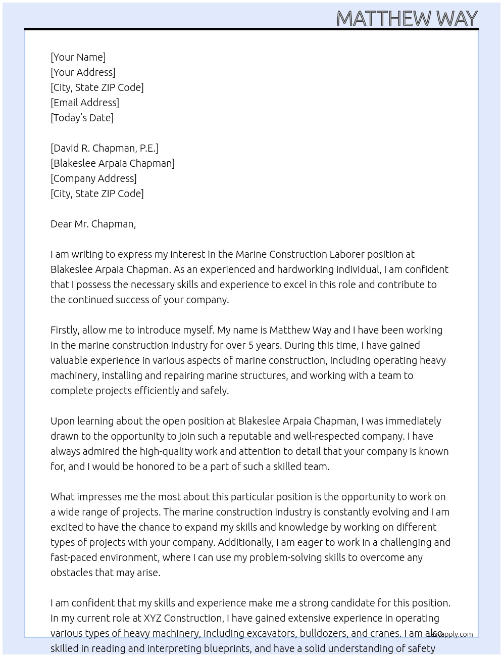 Marine construction laborer At Blakeslee Arpaia Chapman Cover Letter
