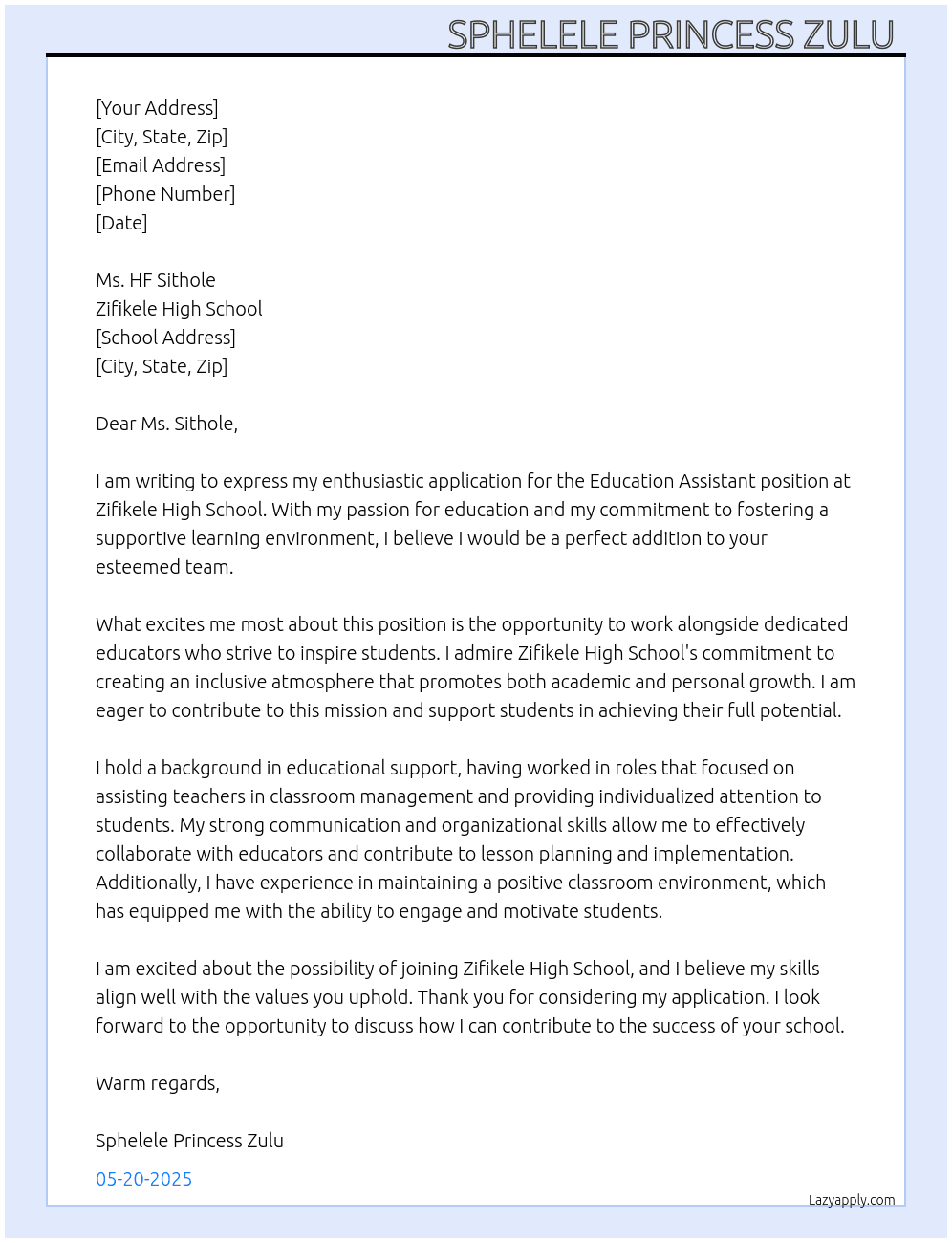 Education assistant At Zifikele high school  Cover Letter