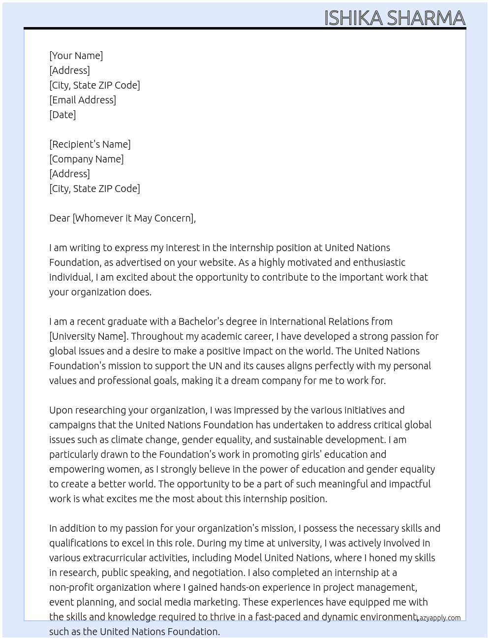 internship At United nation foundation Cover Letter
