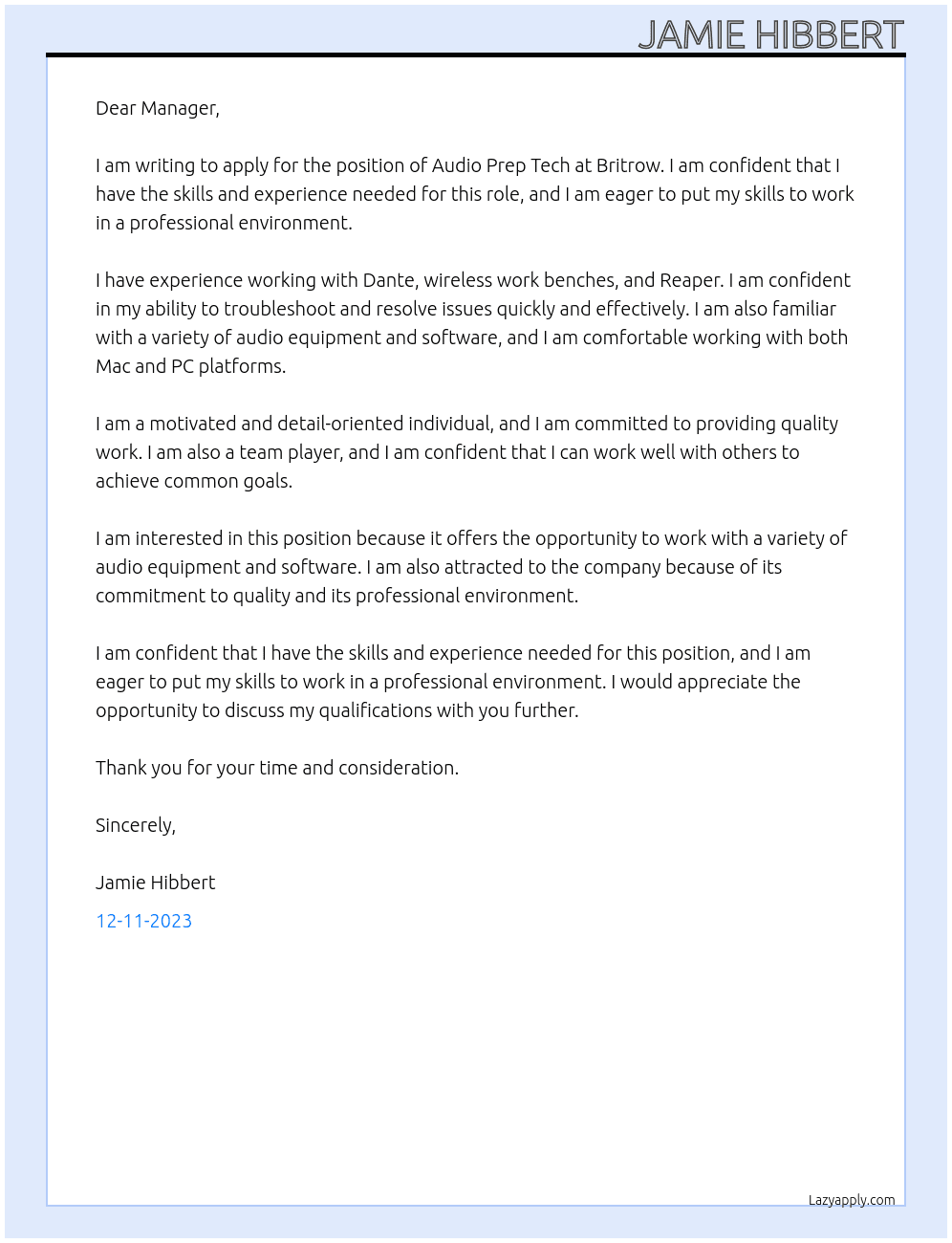 Audio prep tech At Britrow  Cover Letter