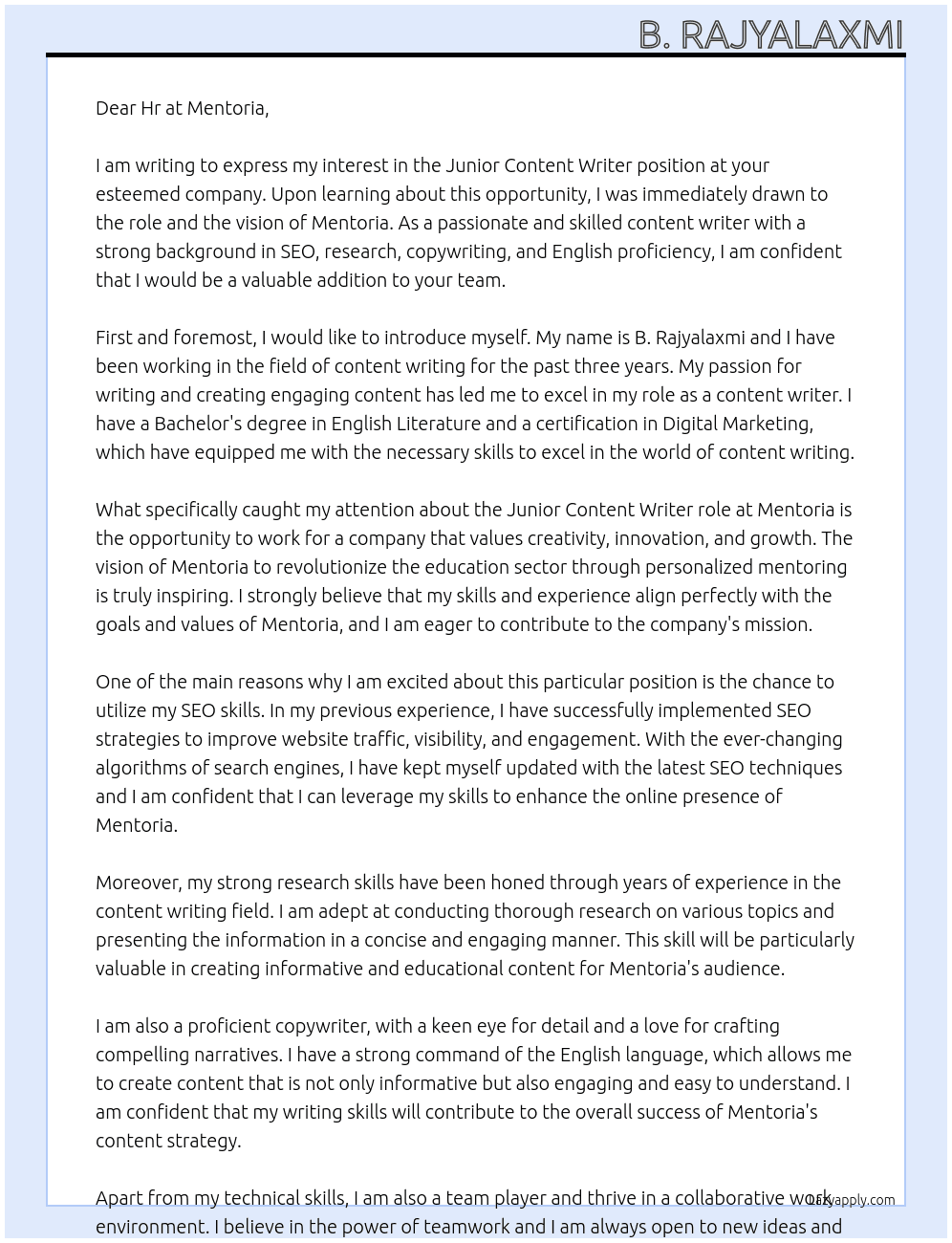 cONTENT WRITER At Mentoria Cover Letter
