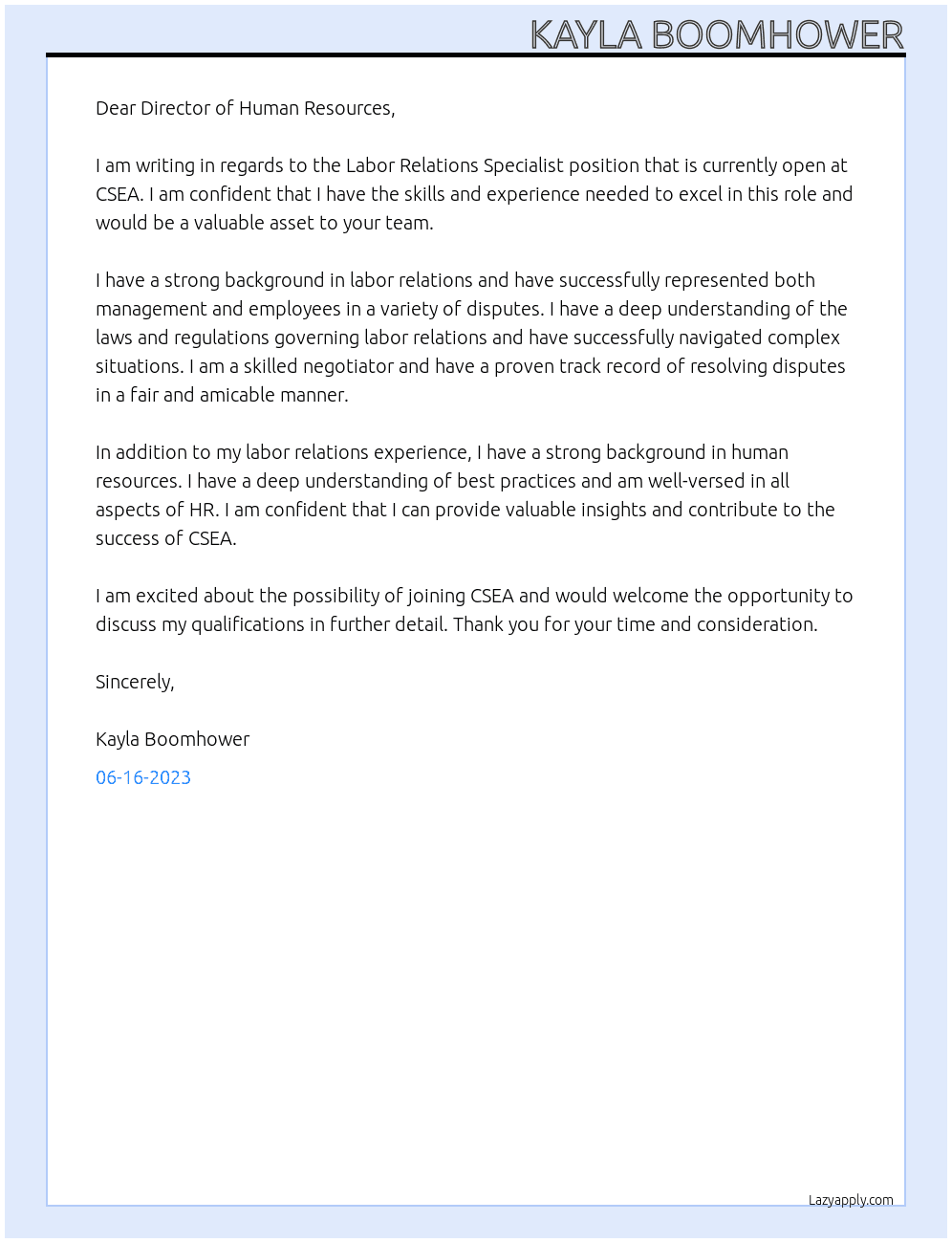 Labor Relations Specialist At CSEA Cover Letter