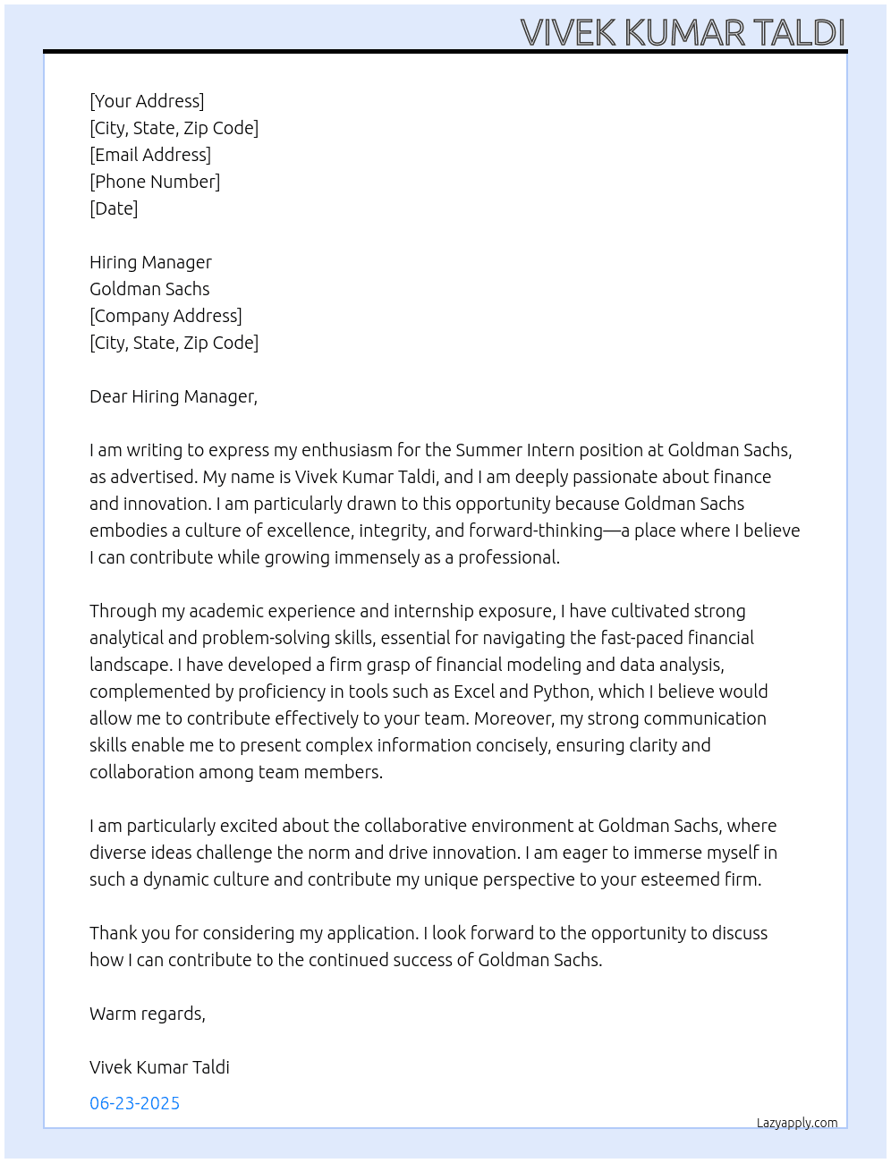 Cover letter for summer intern - LazyApply