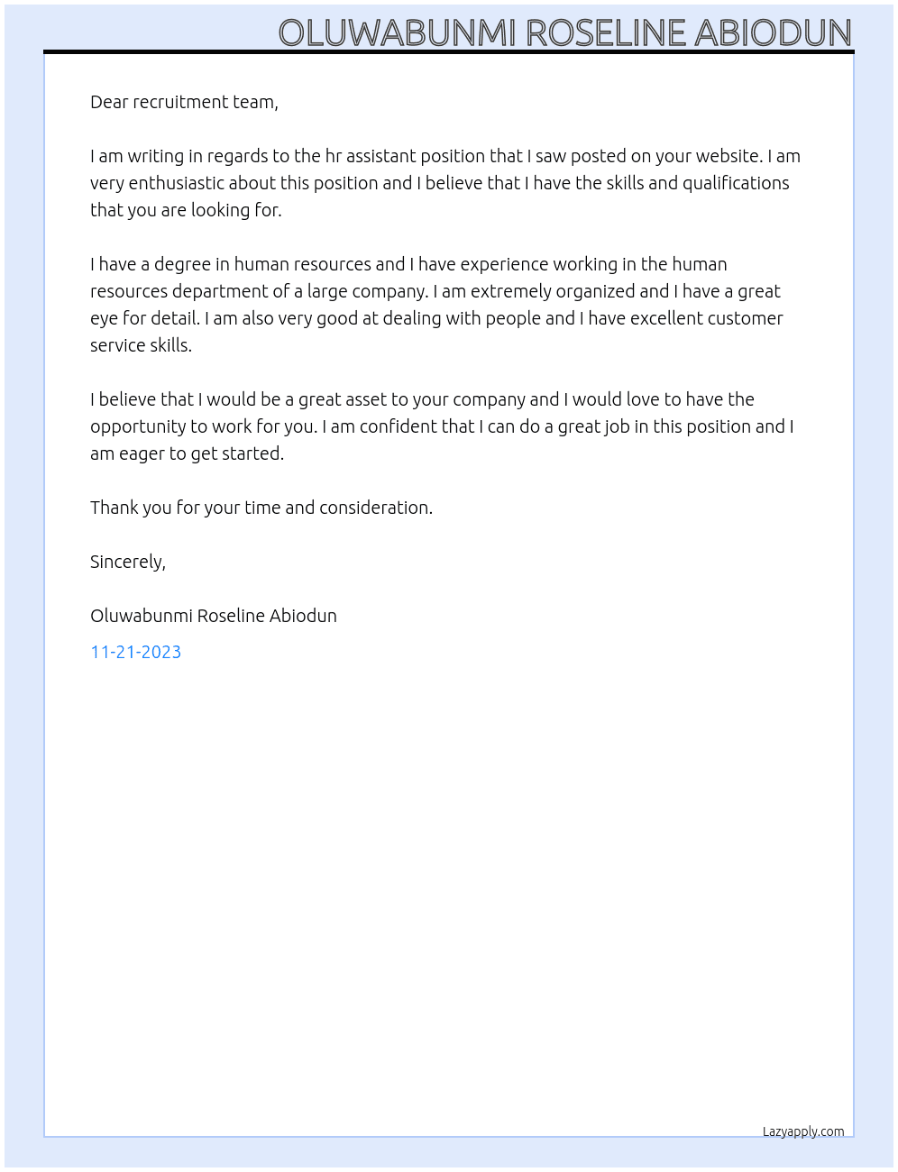 hr assistant At ttttthhjg Cover Letter