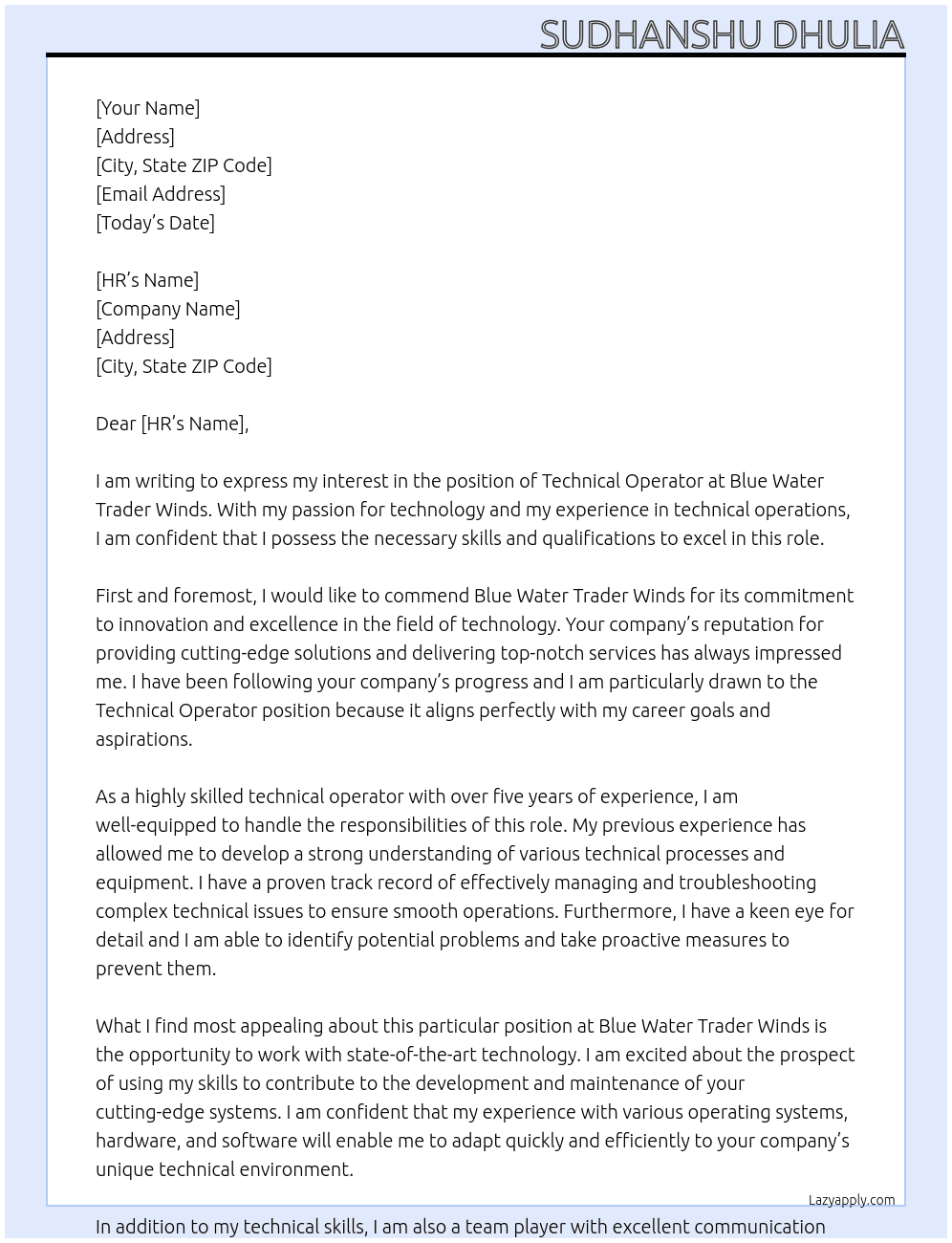 Technical Operator At Blue Water Trader Winds Cover Letter