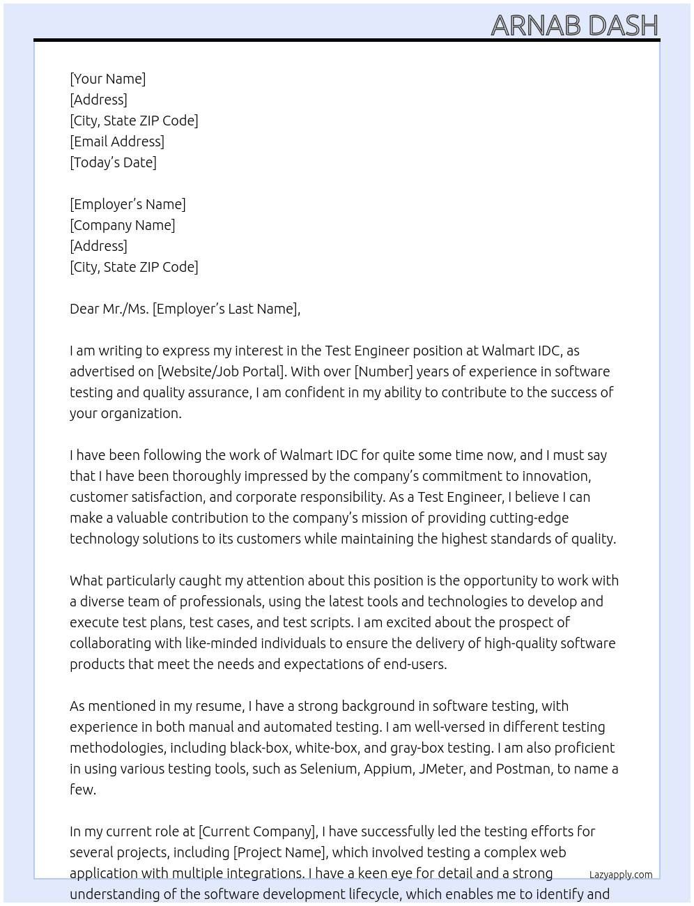 Test Engineer At Walmart IDC Cover Letter