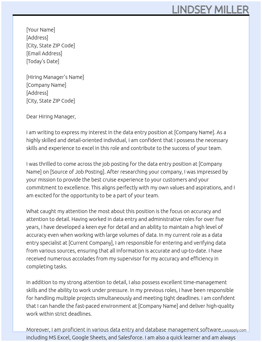 data entry At cruise.com Cover Letter