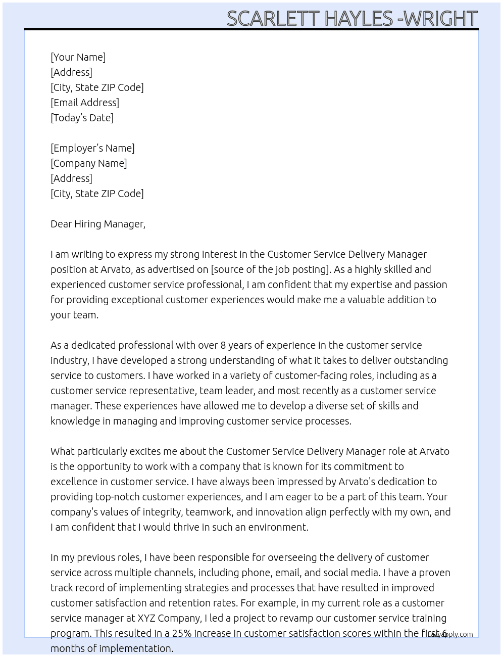 Customer Service Delivery Manager  At Arvato  Cover Letter