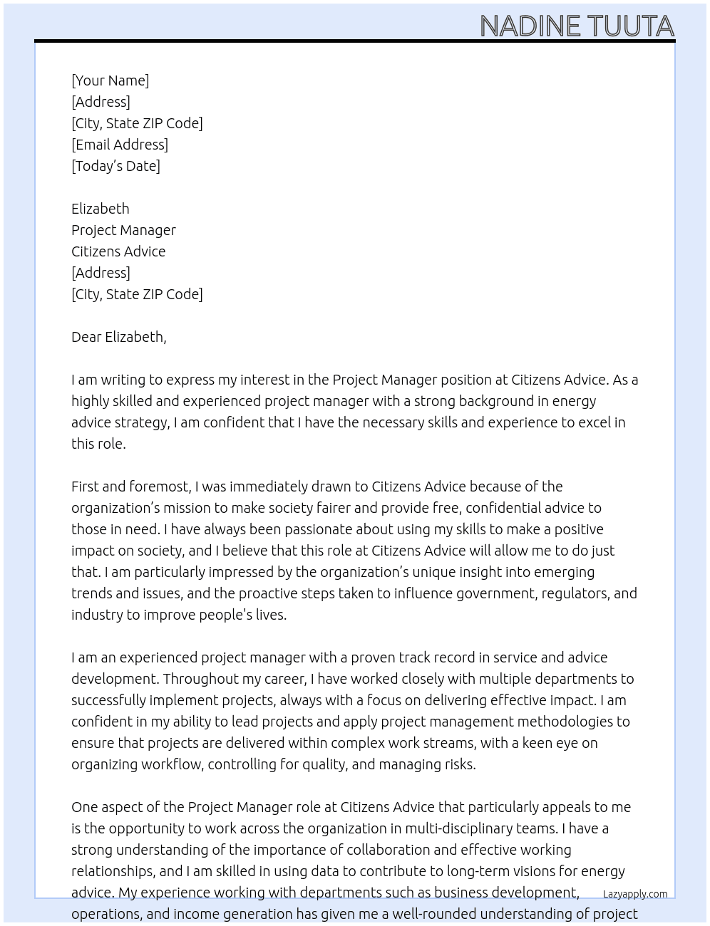 Project manager At Citizens Advice  Cover Letter