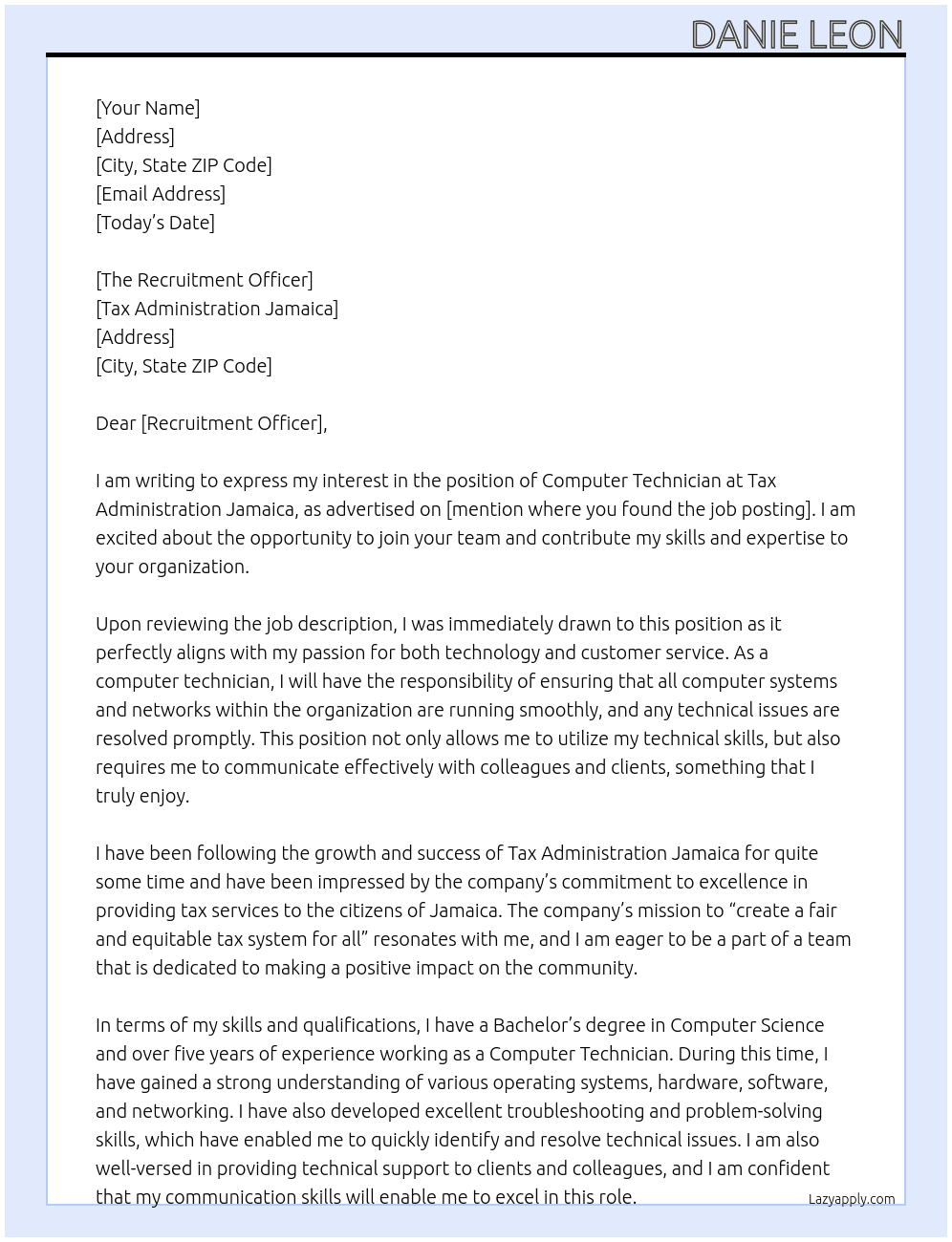 Computer Technician At Tax Administration Jamaica Cover Letter