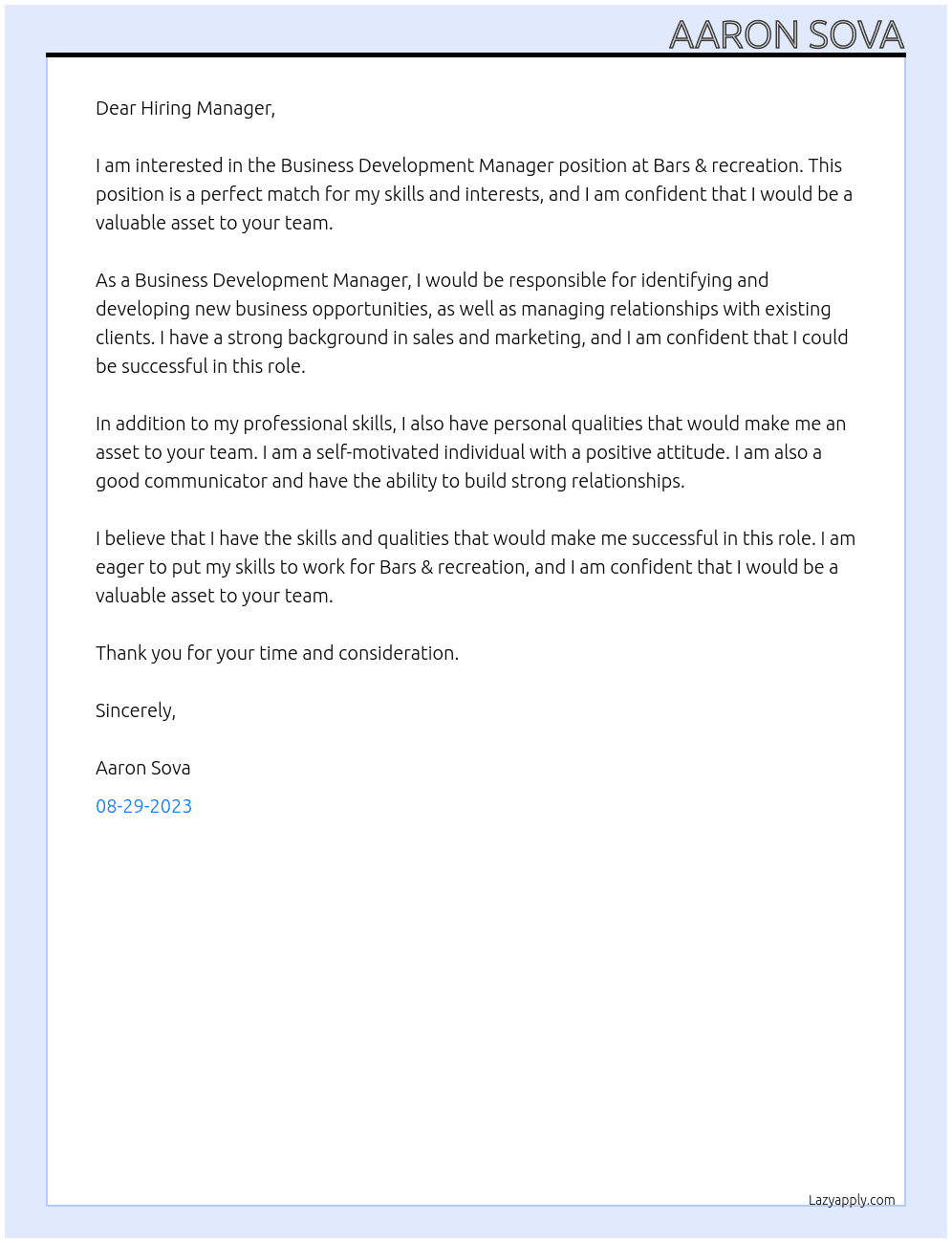 Business Development Manager At Bars & recreation Cover Letter