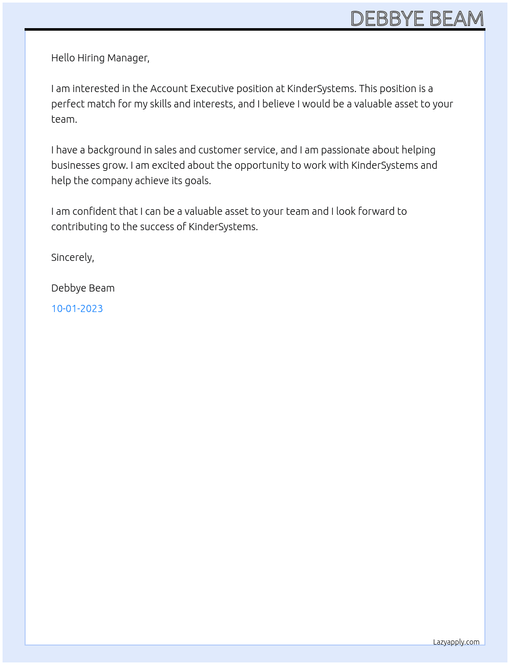 Account Executive At KinderSystems  Cover Letter