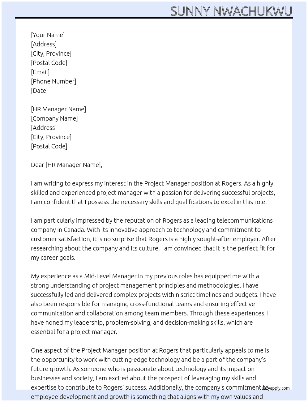 Project Manager At Rogers Cover Letter