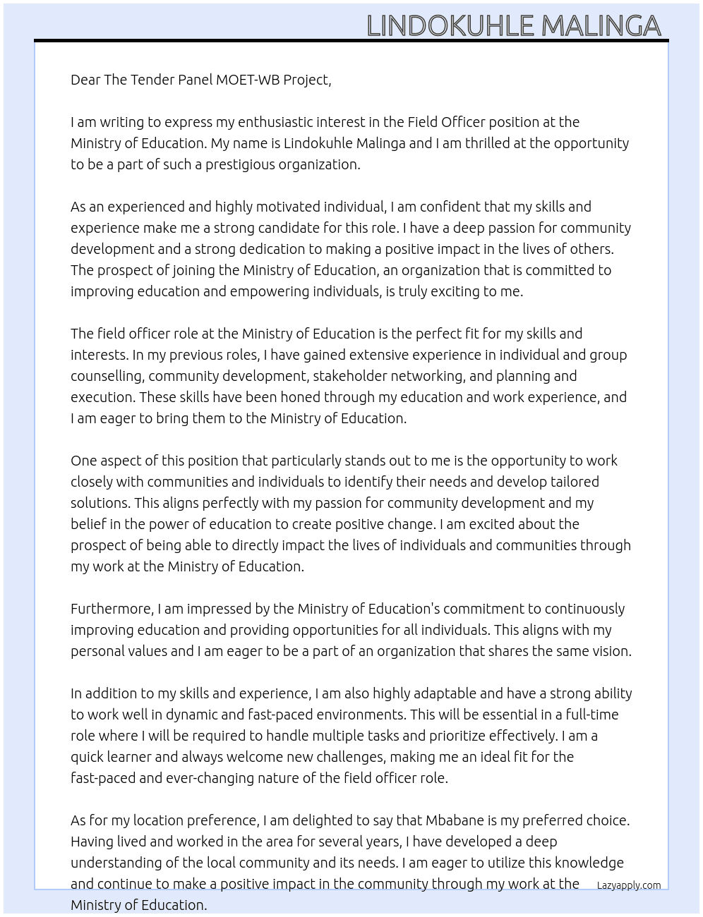 Field Officer  At Ministry of Education  Cover Letter