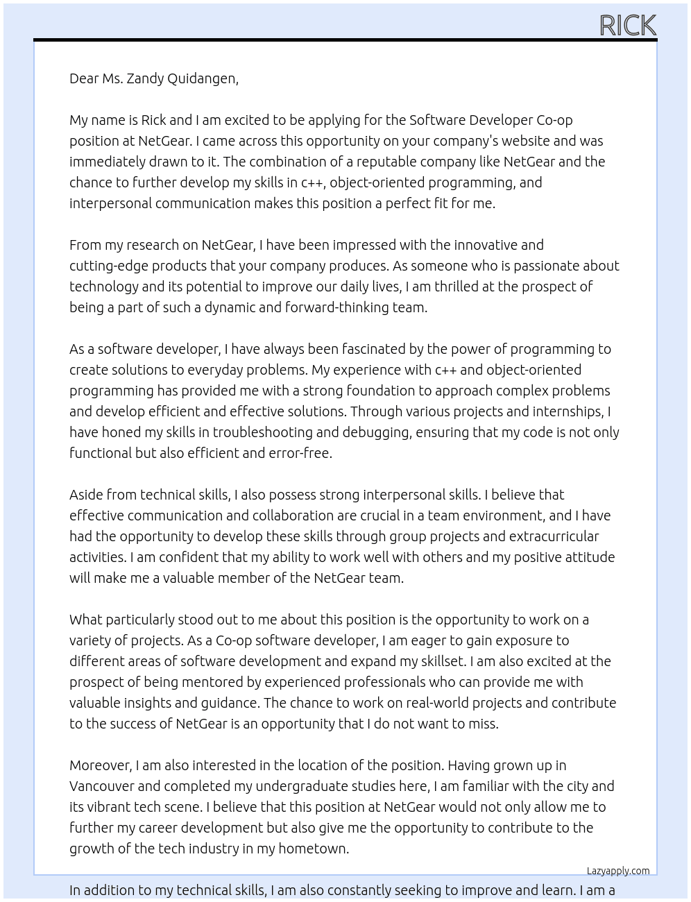 Software Developer Co-op At NetGear Cover Letter
