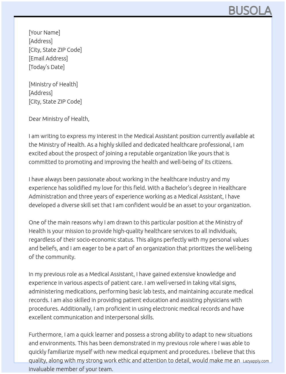Medical assistant  At Ministry of Health  Cover Letter