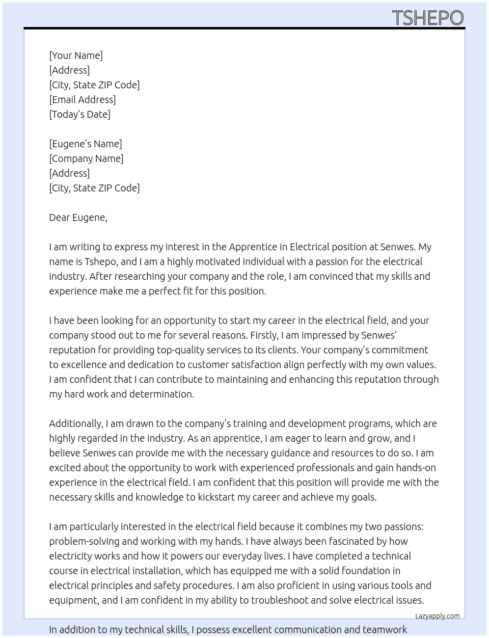 apprentice in electrical At senwes Cover Letter