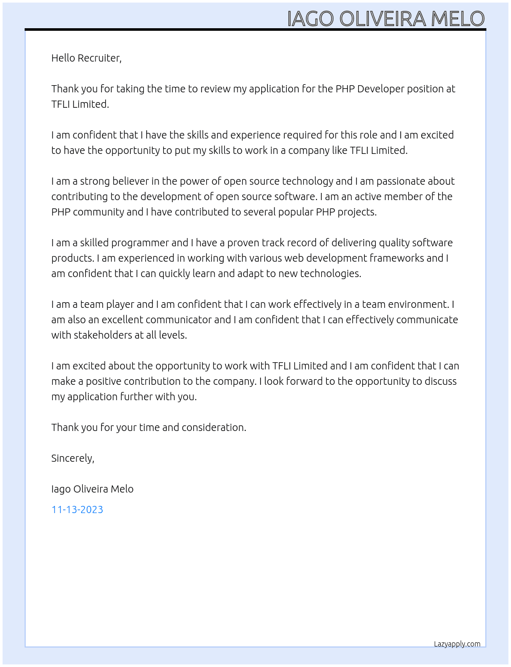 PHP Developer At TFLI Limited Cover Letter
