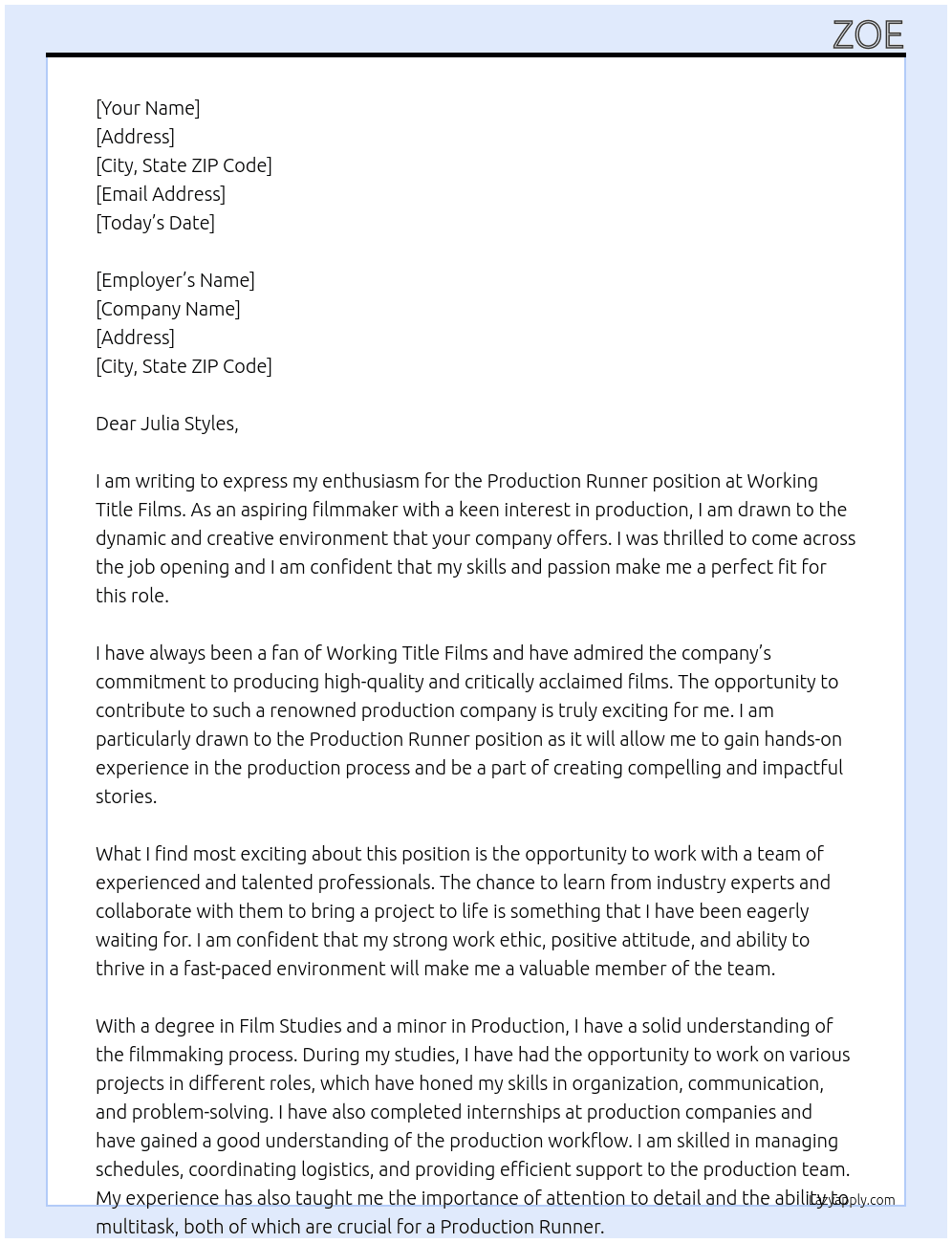 Production Runner At Working Title Films Cover Letter