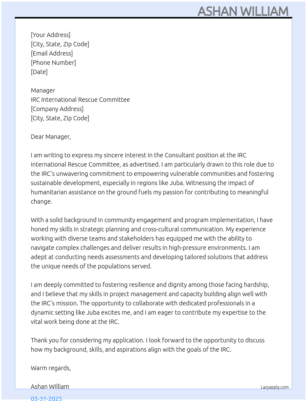 Consultant  At IRC international Rescue Committee  Cover Letter