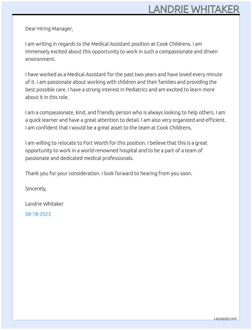 Medical Assistant At Cook Childrens Cover Letter