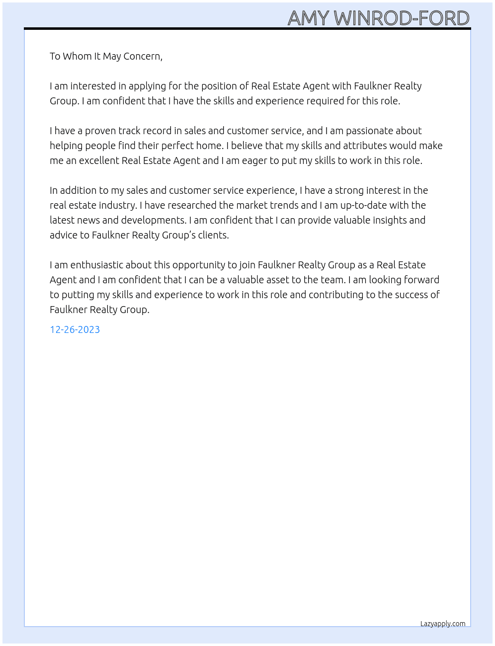 Real Estate Agent At Faulkner Realty Group Cover Letter