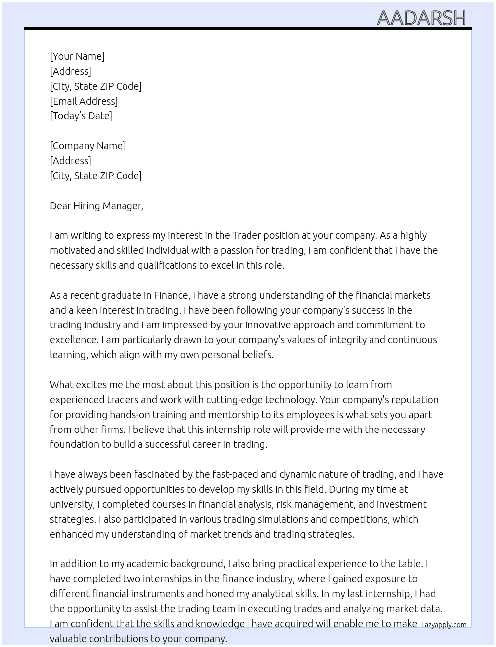 Trader At At your company  Cover Letter
