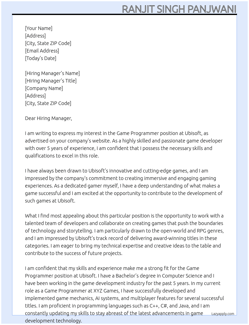 Game Programmer At Ubisoft Cover Letter