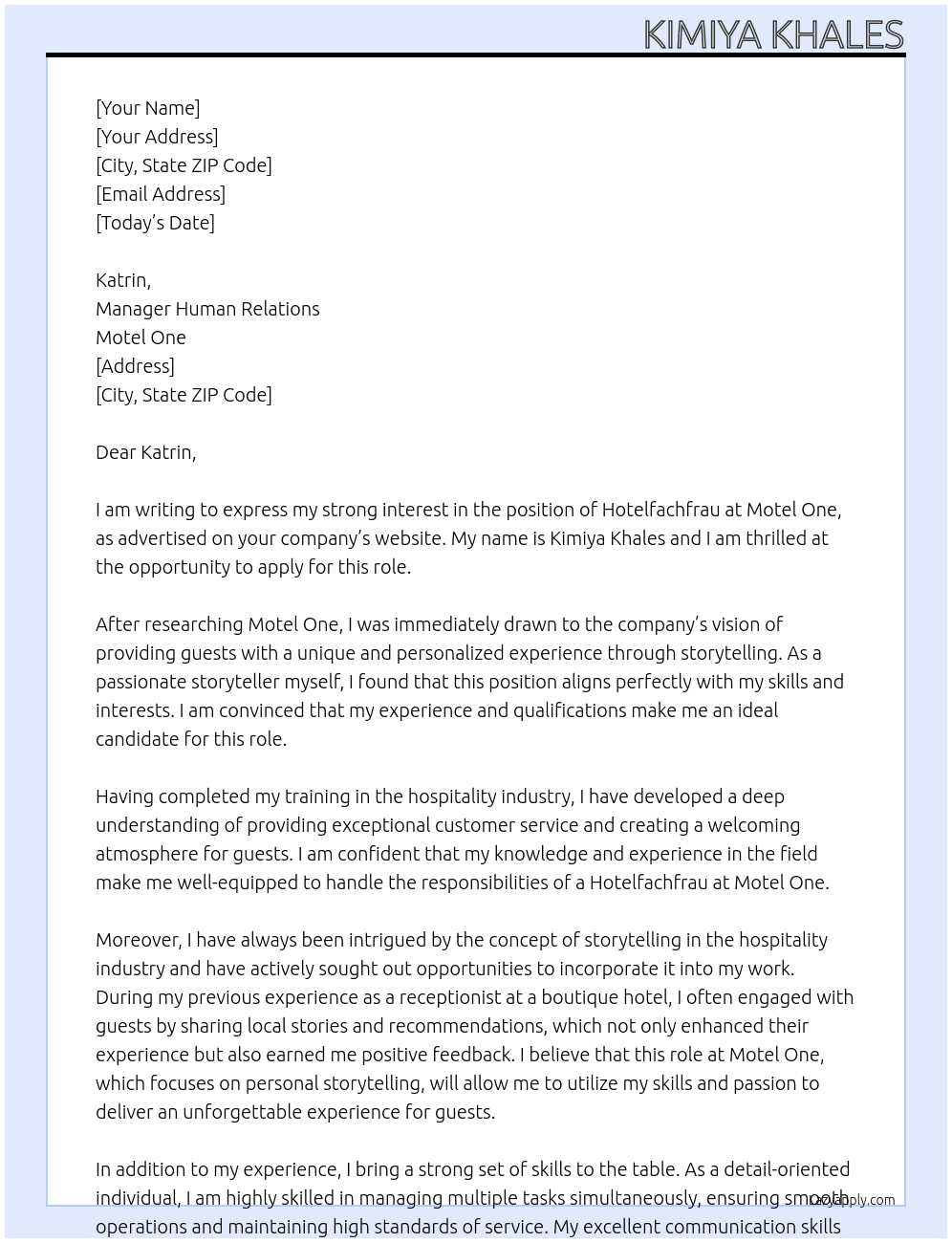 hotelfachfrau At motel one Cover Letter