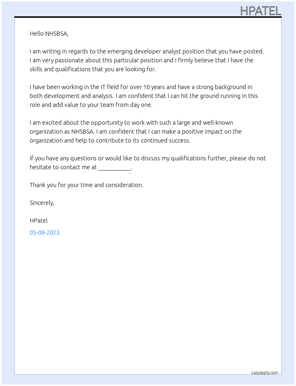 emerging developer analyst At NHSBSA Cover Letter
