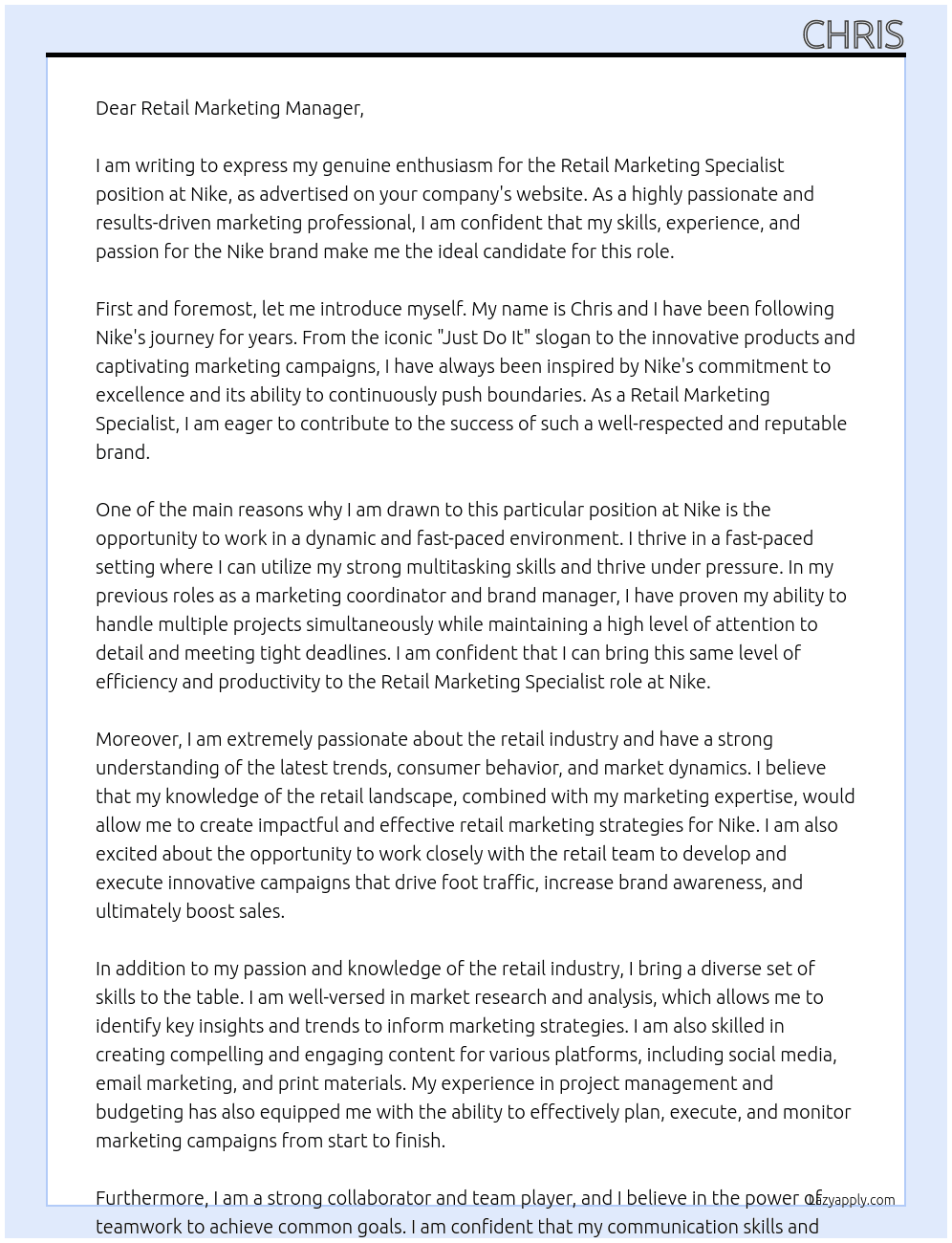 Retail Marketing Specialist At Nike Cover Letter