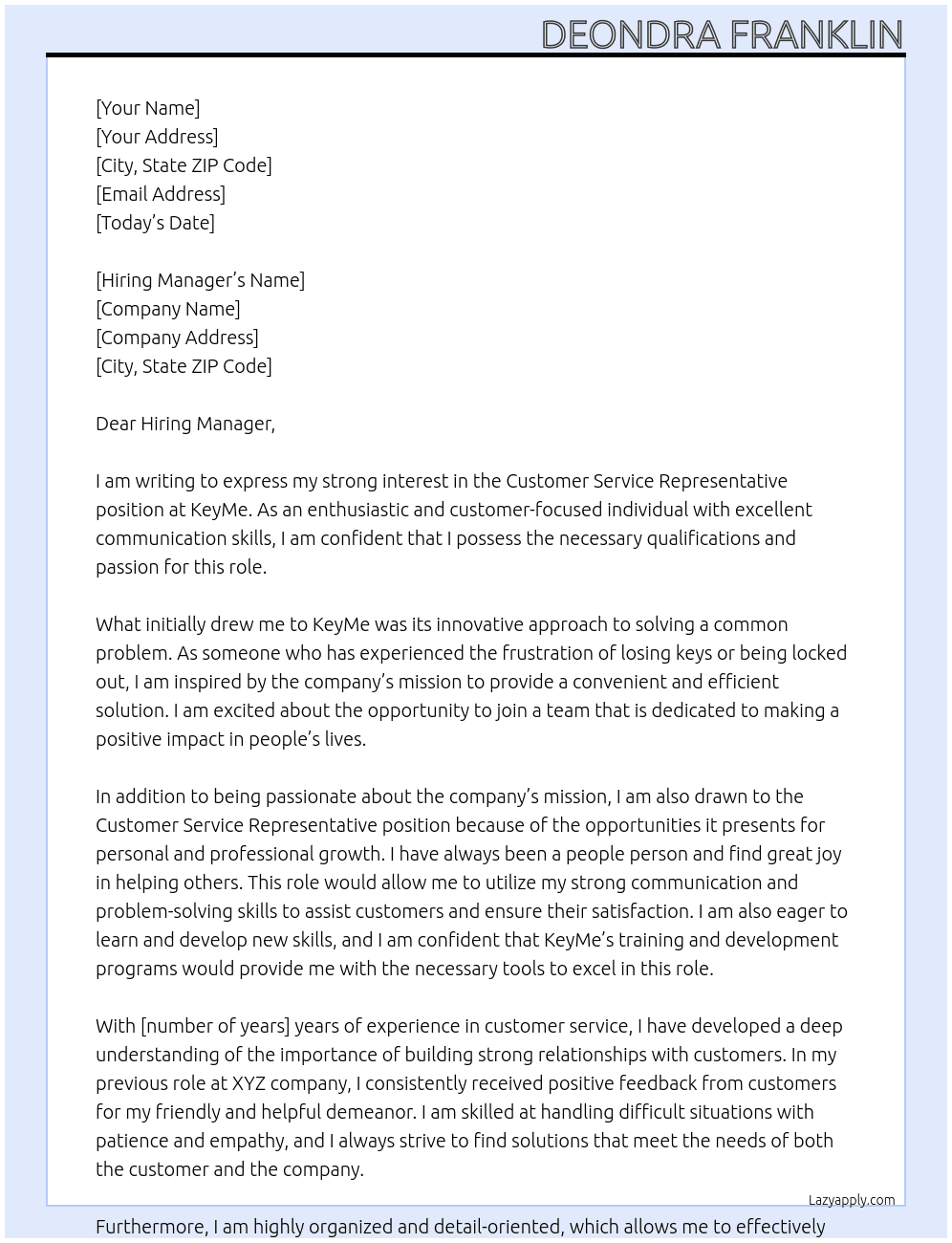 Customer Service Representative At KeyMe Cover Letter