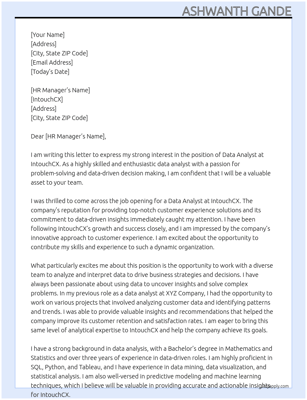 Data analyst At IntouchCX Cover Letter