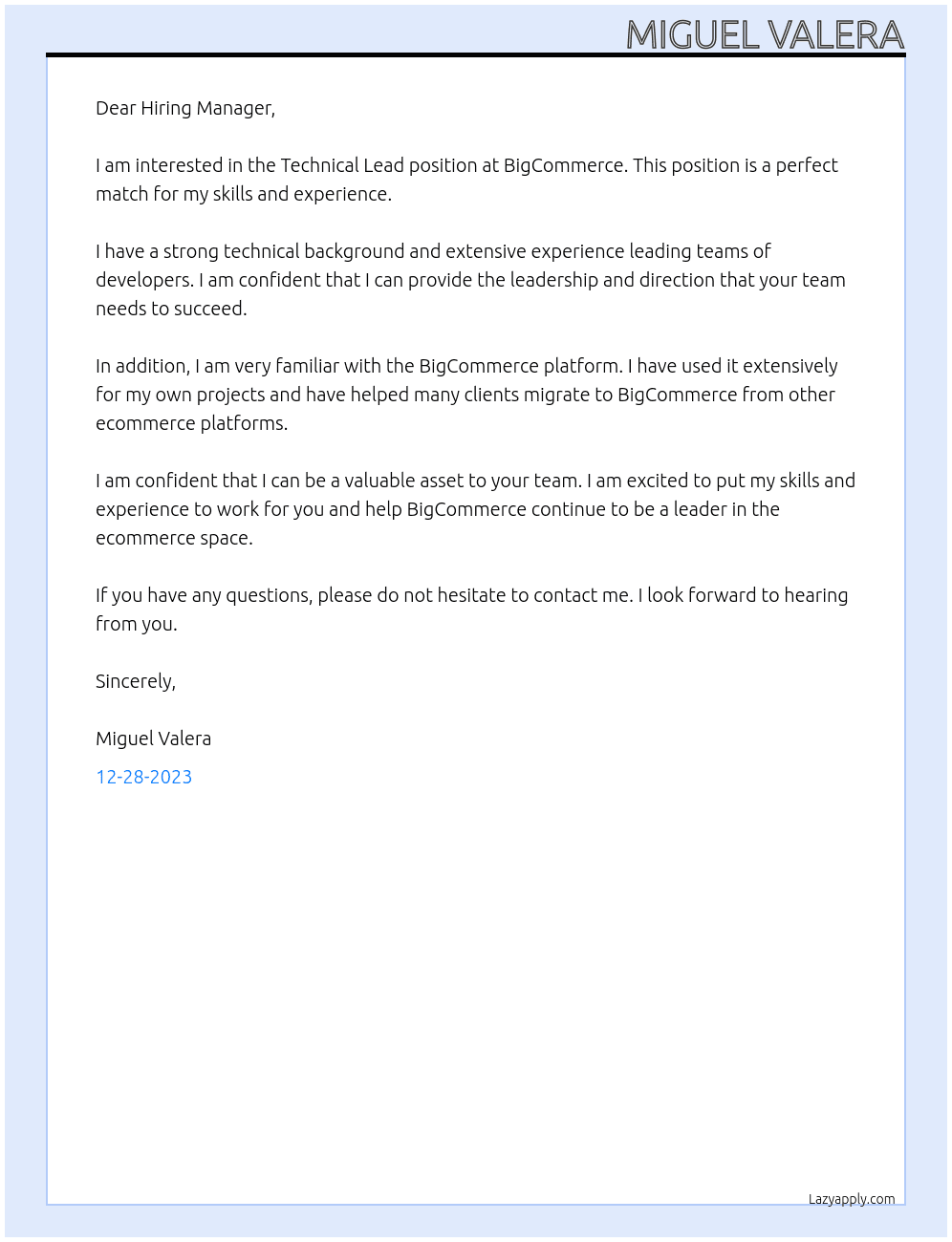 Technical Lead At BigCommerce Cover Letter