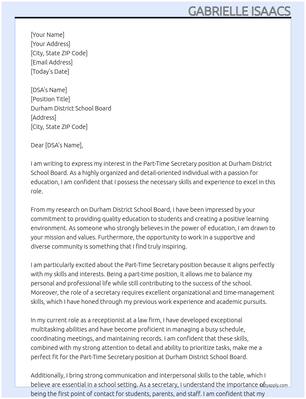 Part Time Secretary At Durham District School Board Cover Letter