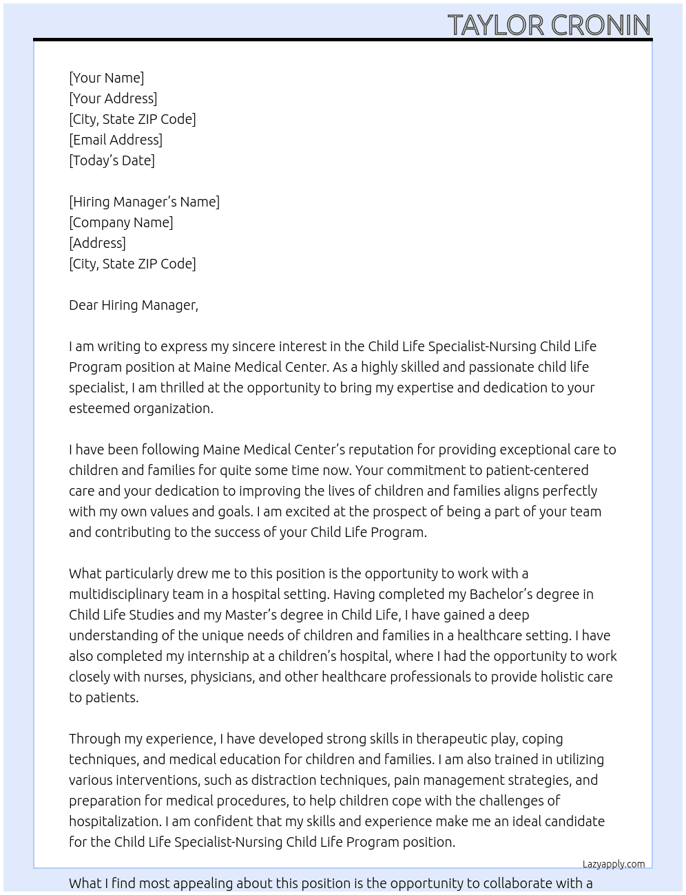 Child Life Specialist-Nursing Child Life Program At Maine Medical Center Cover Letter