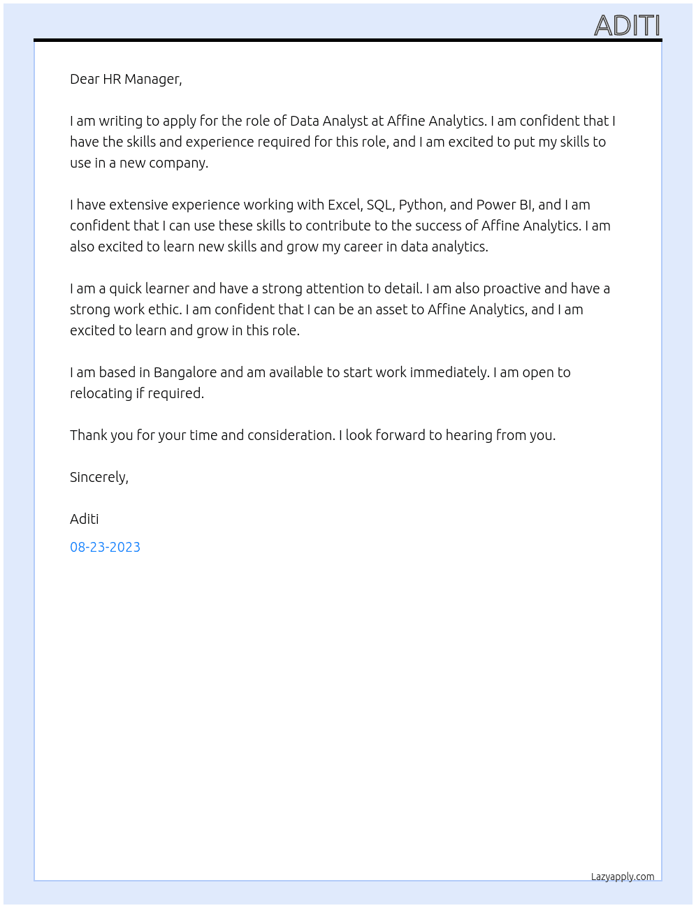 Data Analyst At Affine Analytics Cover Letter
