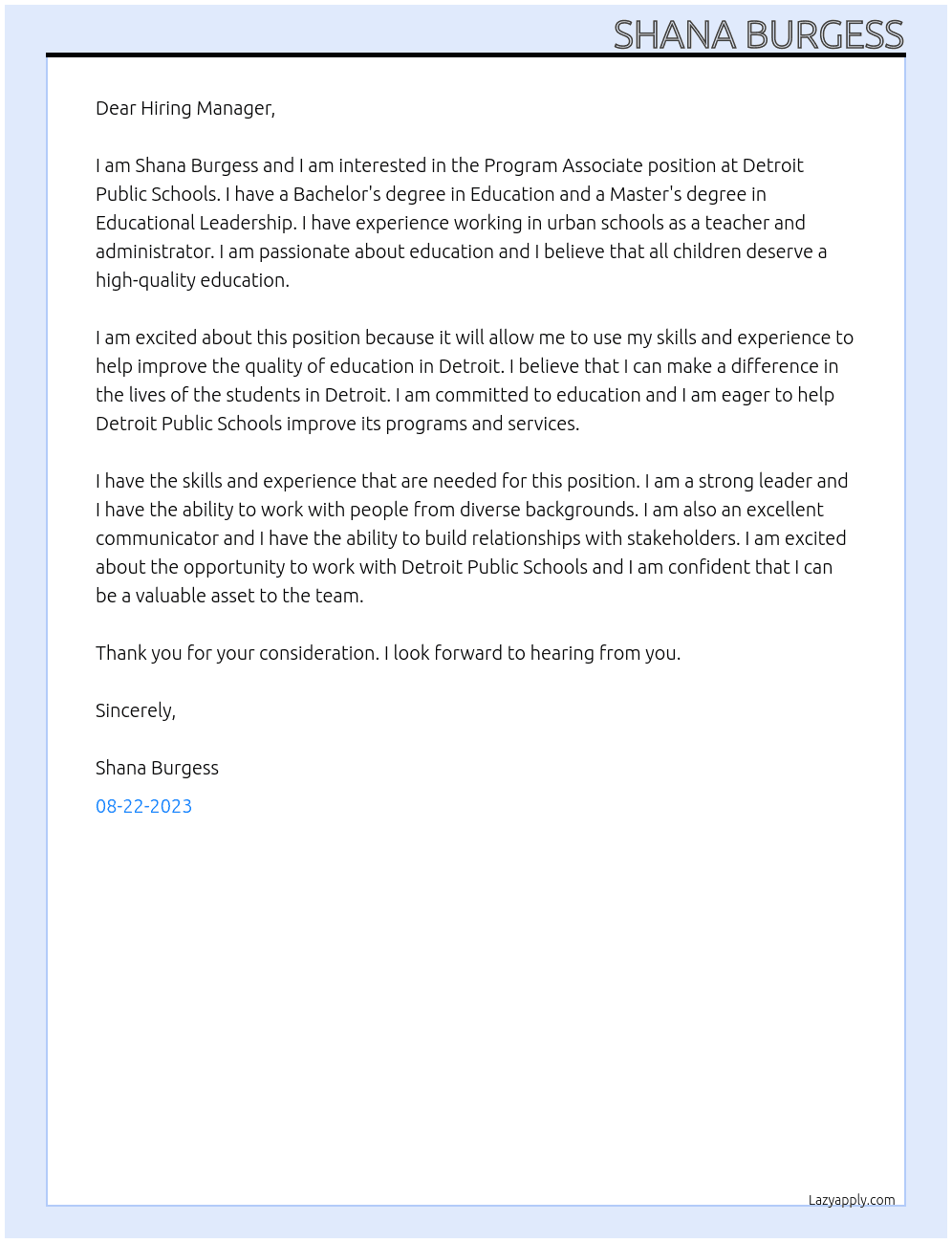 Program Associate At Detroit Public Schools Cover Letter