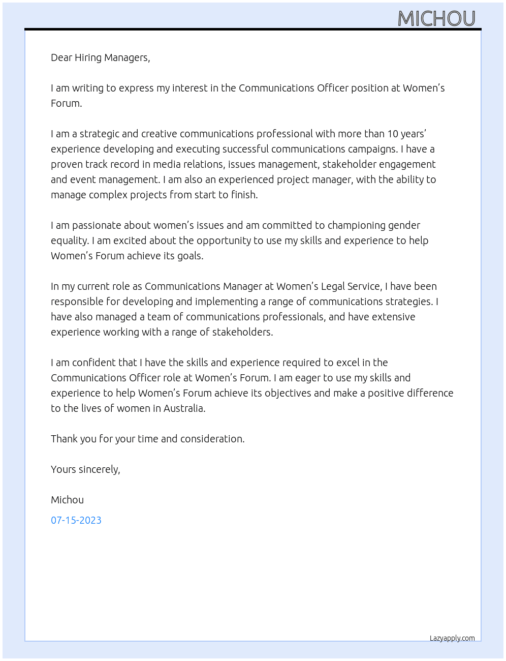 Communications officer At Women’s forum Cover Letter