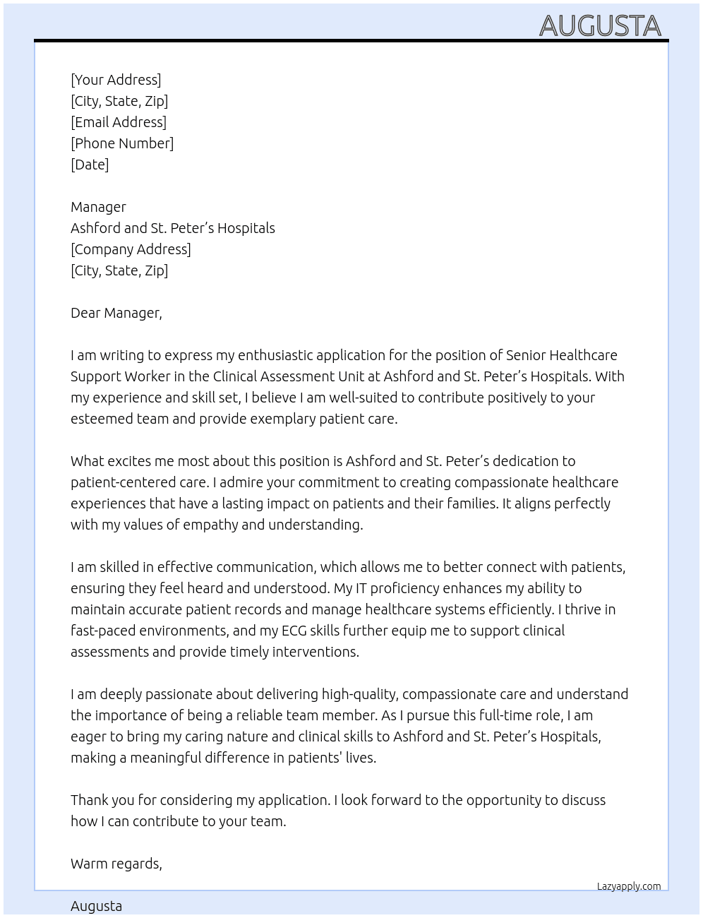 Senior healthcare Support Worker- CAU At Ashford and St. Peter’s Hospitals Cover Letter