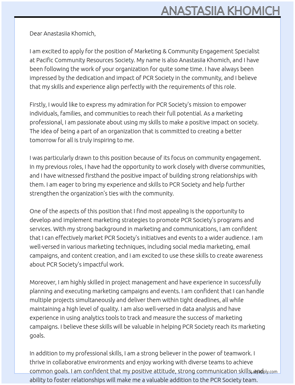 Marketing & Community Engagement Specialist At Pacific Community Resources Society Cover Letter