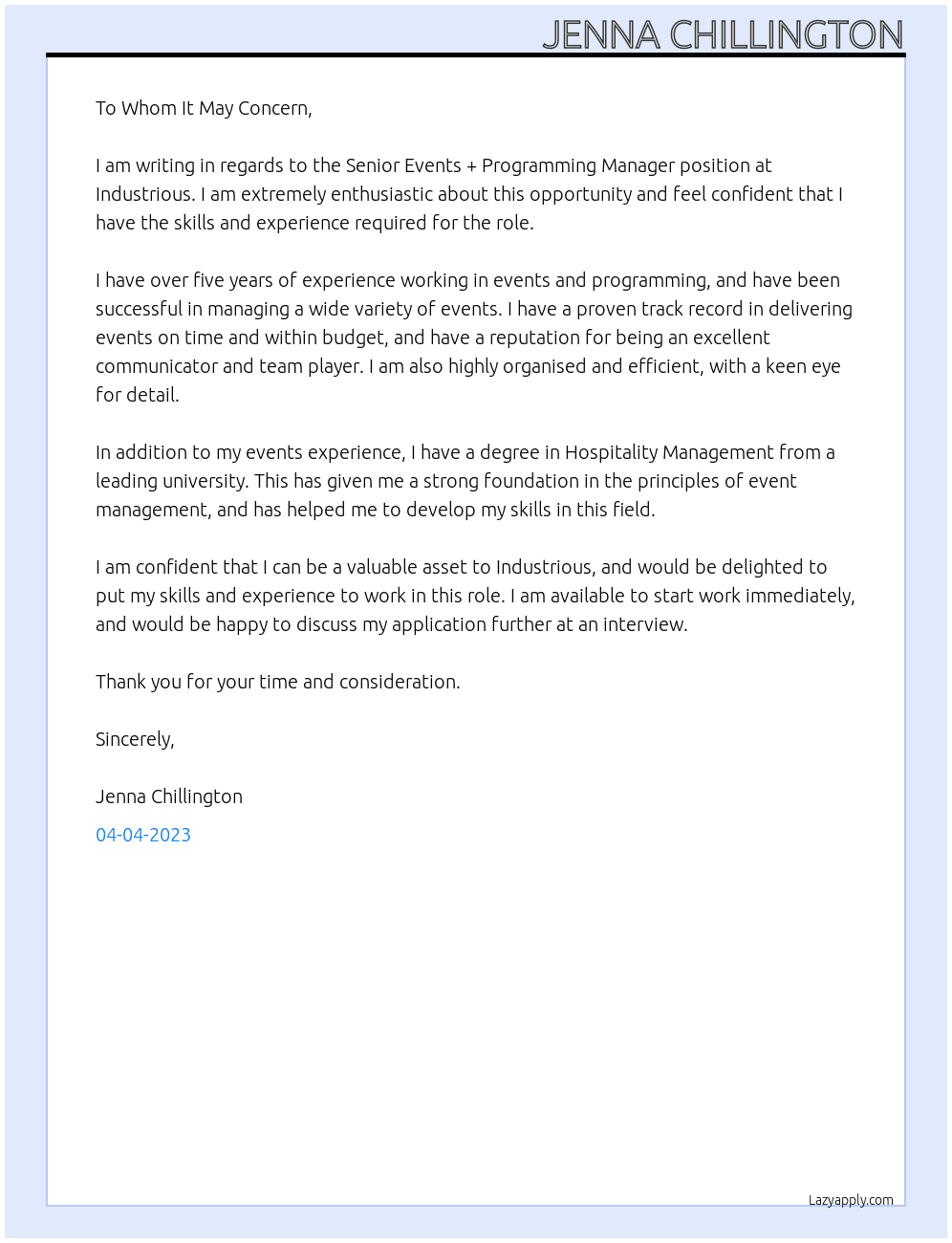Senior Events + Programming Manager At Industrious  Cover Letter