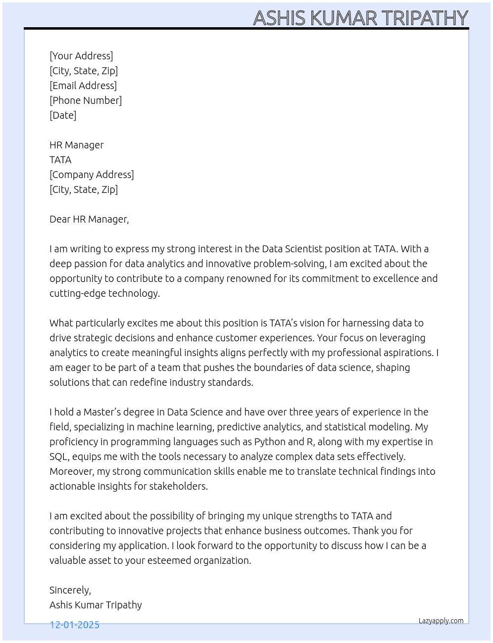 Data Scientist At TATA Cover Letter