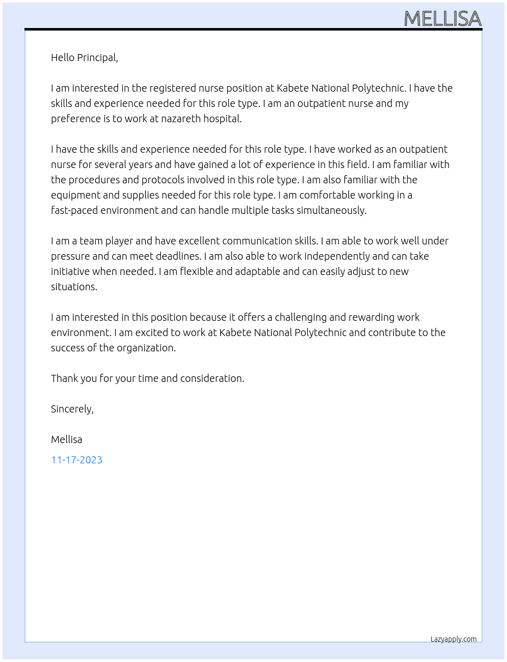 Registered Nurse At Kabete National Polytechnic Cover Letter