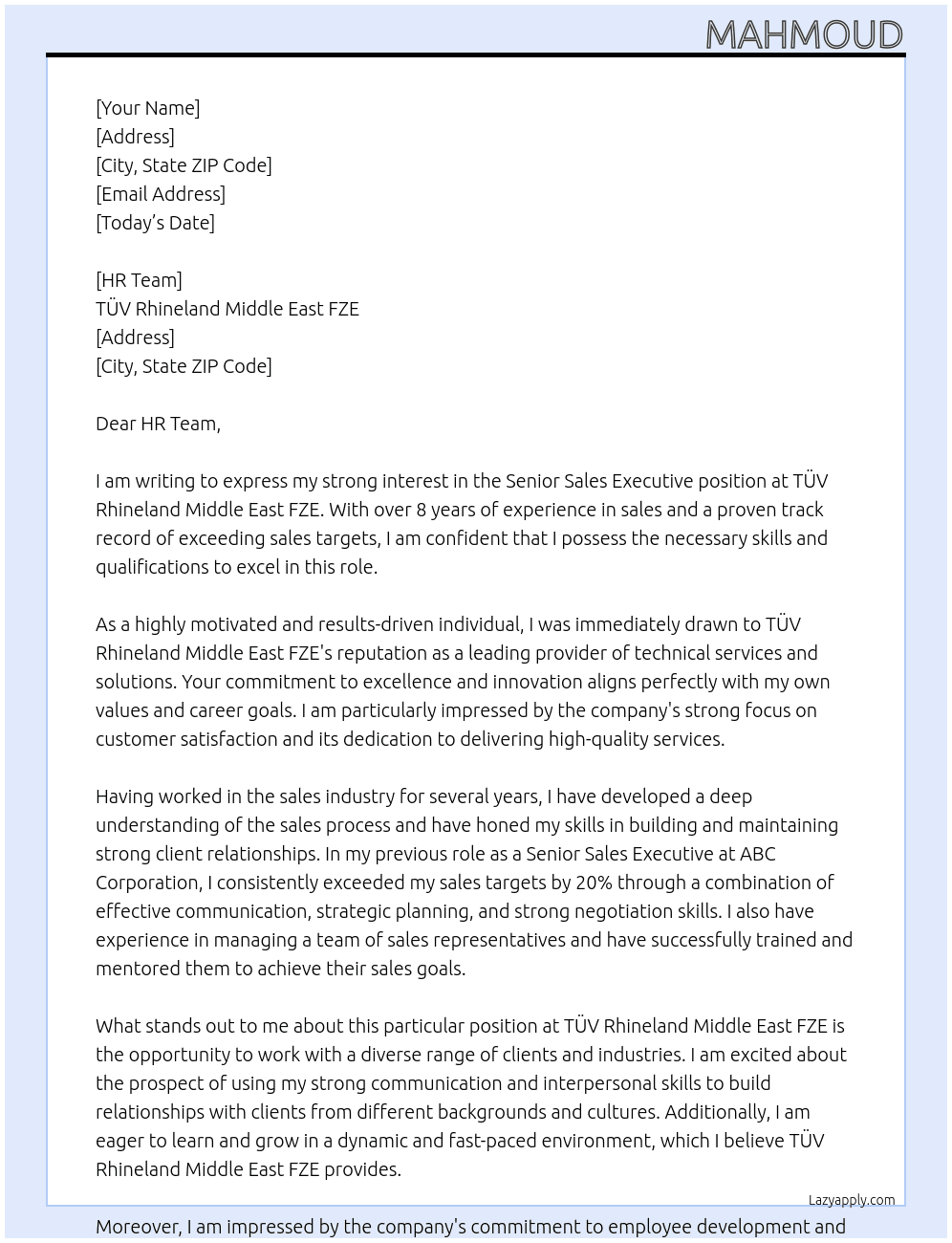 Senior Sales Executive At TÜV Rhineland Middle East FZE Cover Letter