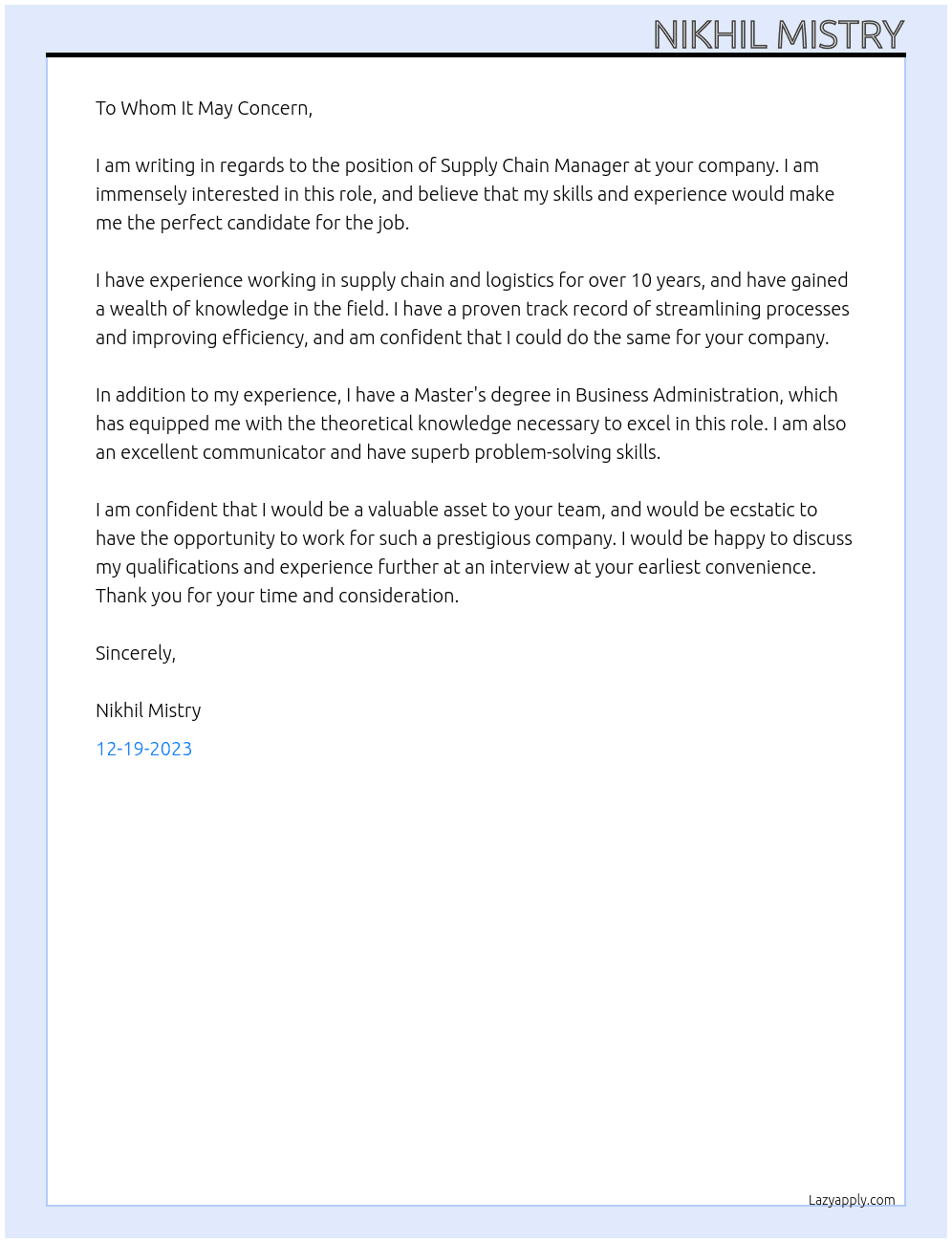 Supply Chain Manager At company in uae Cover Letter
