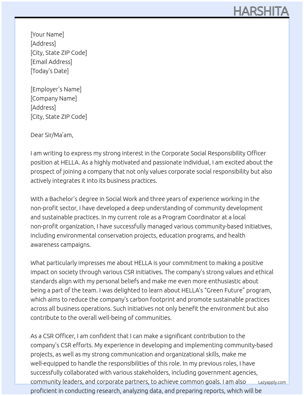 Corporate Social Responsibility Officer At HELLA Cover Letter