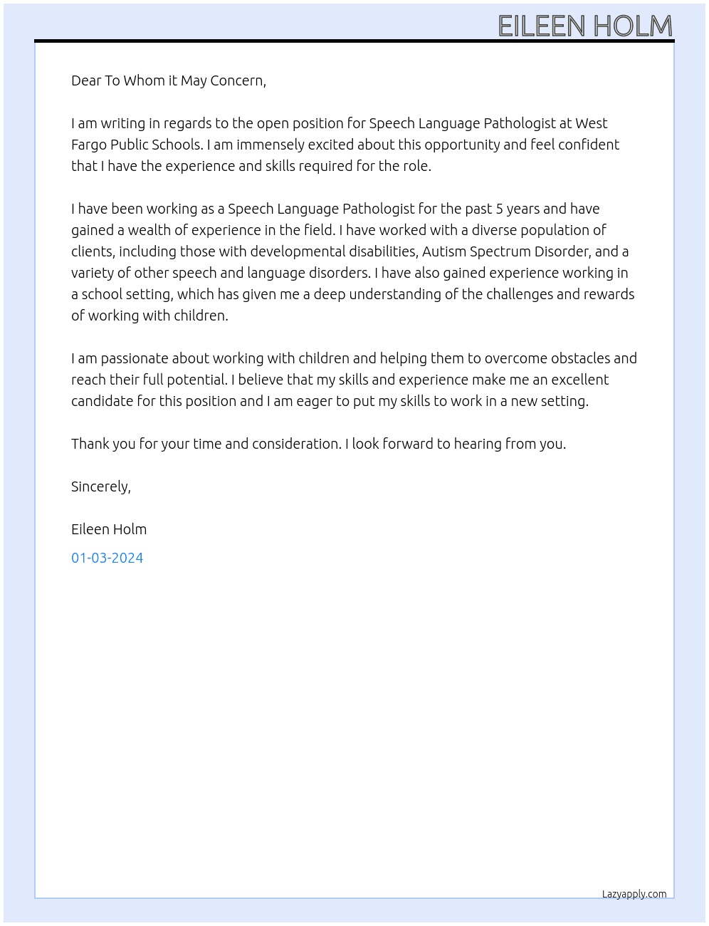 Speech Language Pathologist At West Fargo Public Schools Cover Letter